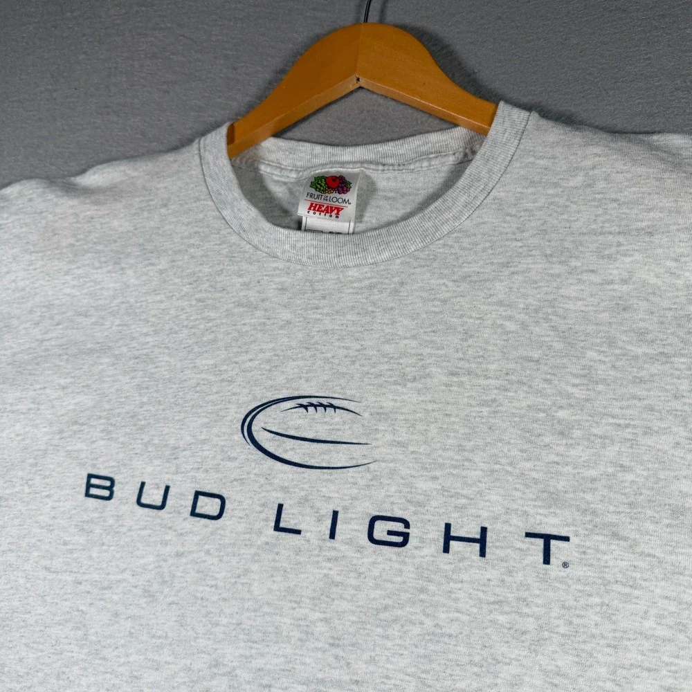 Vintage Bud Light Football Graphic T-Shirt Mens XL Gray Fruit of the Loom Heavy